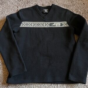 Vintage Polo Jeans Co. Fleece Pullover‎ V-Neck Aztec Trim Sweater Black Womens M
